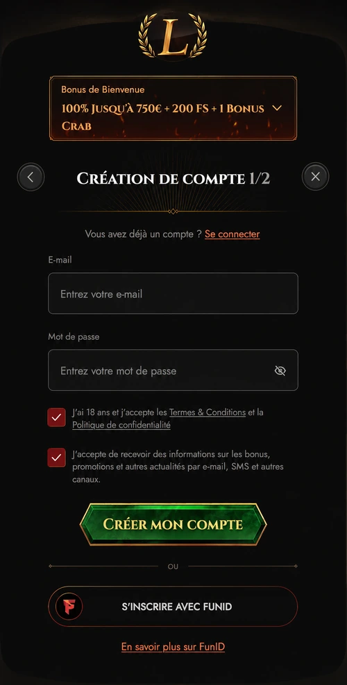 Legiano Casino inscription page with email and password fields