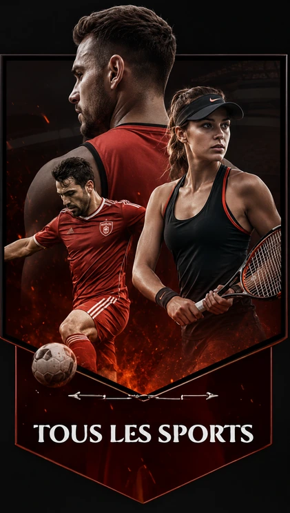 Affiche promotionnelle avec deux joueurs de tennis et le texte Tous Les Sports